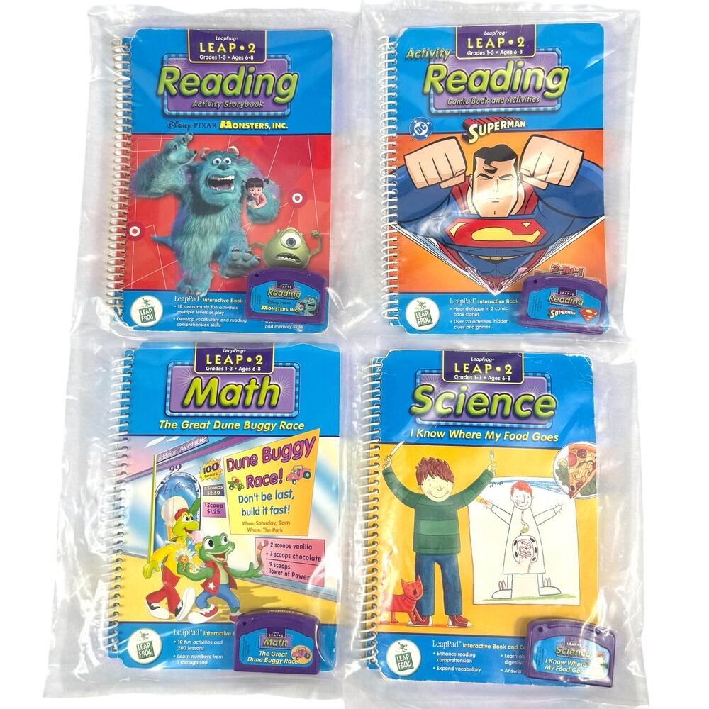 Leap Frog Leap 2 Books & Cartridges Lot of 4 Math Science Reading